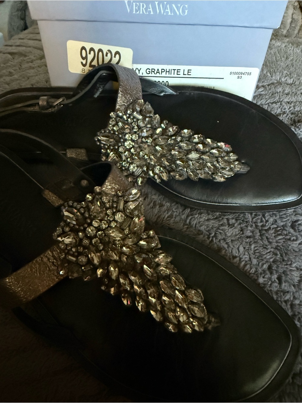Vera Wang Graphite Jeweled T-Strap Sandals